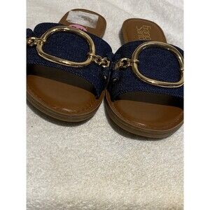 Franco Sarto Jan Gold Ring Slide Denim Sandals size 5 1/2 Never Worn
